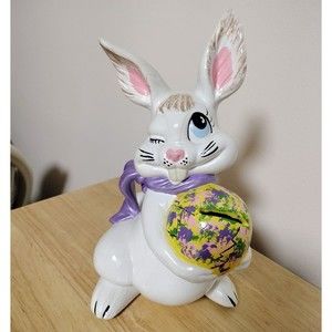 Vintage Hand Painted Bunny Rabbit Coin Bank